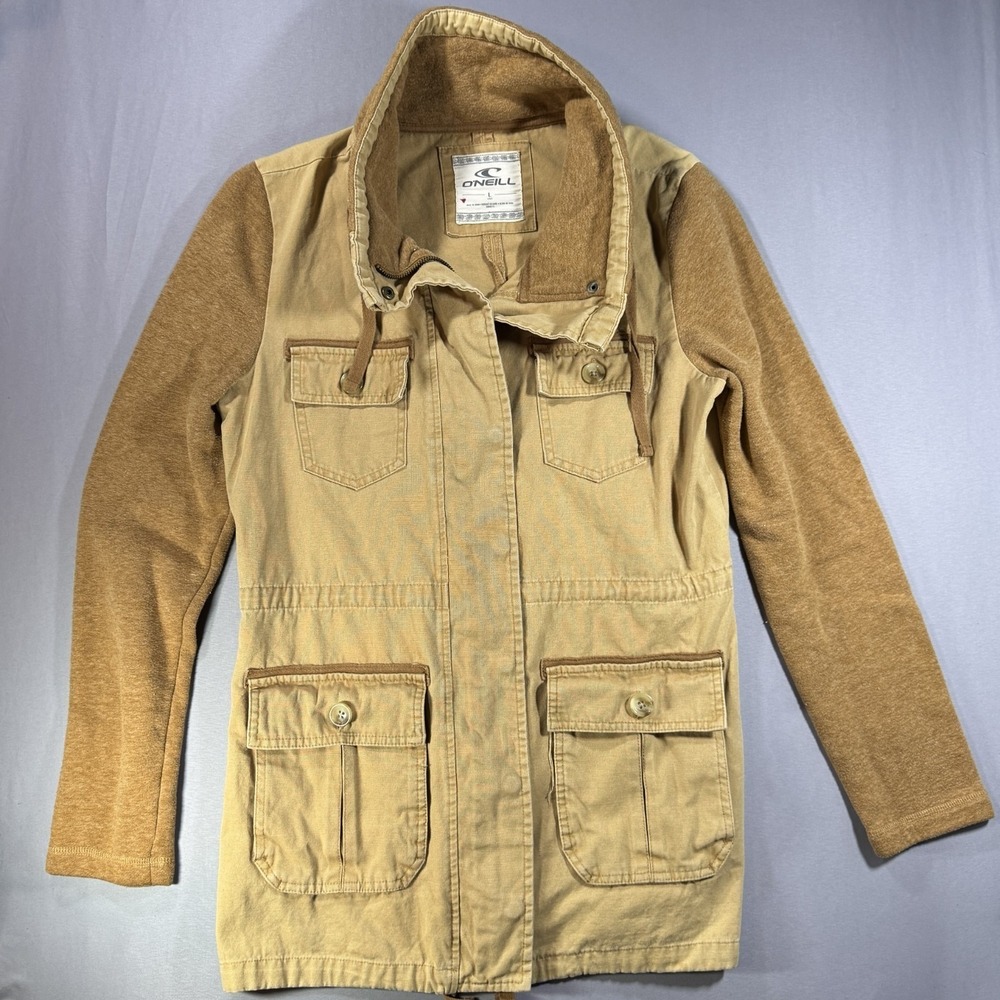 ONeill Womens Large Tan Mixed Media Utility Field Jacket Knit Sleeve Khaki L